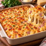 Gratin de coquillettes au jambon recouvert d’emmental fondu et doré, servi chaud dans un plat familial.
