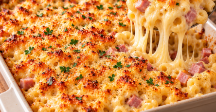 Gratin de coquillettes au jambon recouvert d’emmental fondu et doré, servi chaud dans un plat familial.