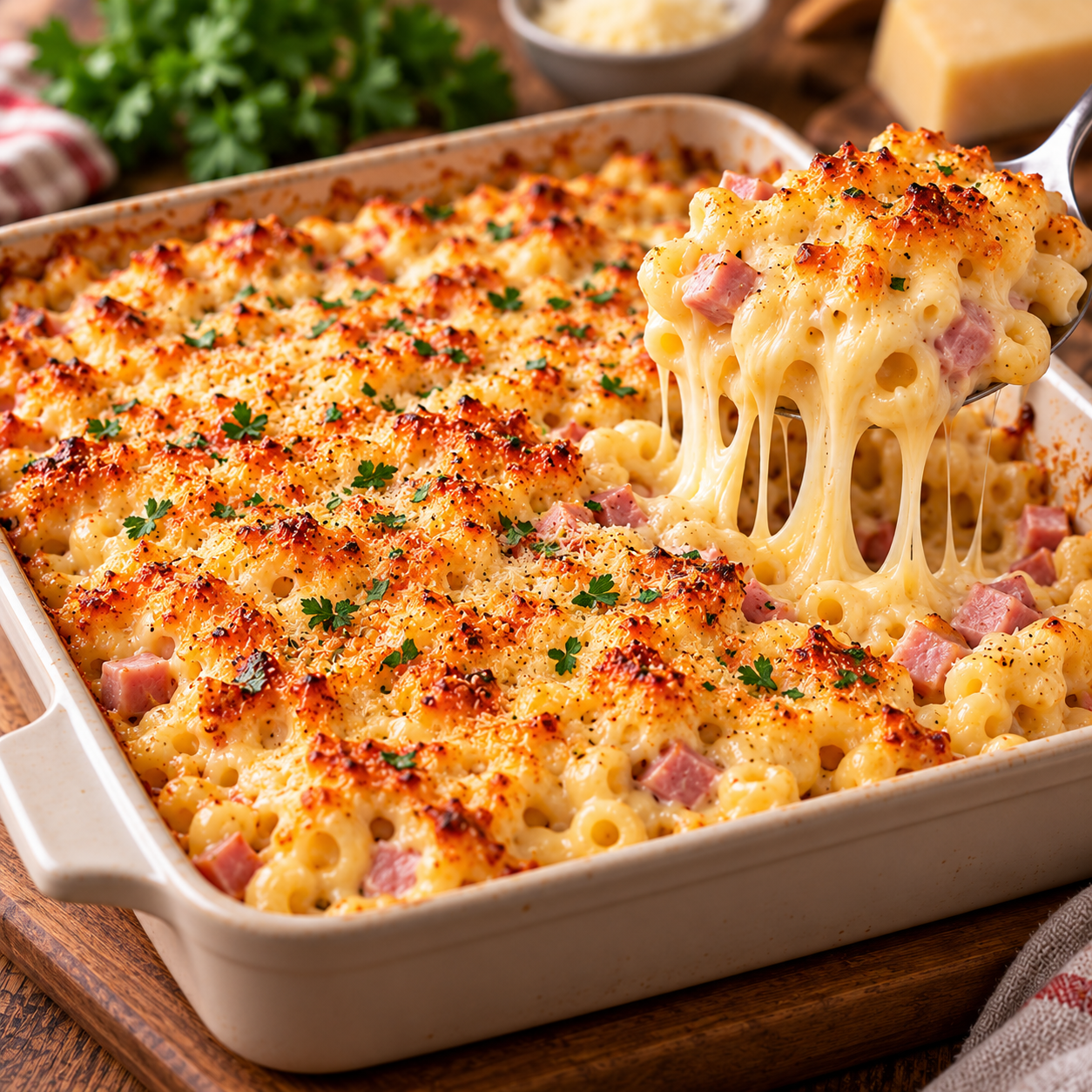 Gratin de coquillettes au jambon recouvert d’emmental fondu et doré, servi chaud dans un plat familial.