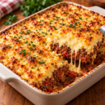 Hachis parmentier familial au bœuf et tomates recouvert d’une purée de pommes de terre crémeuse et de fromage bien gratiné.