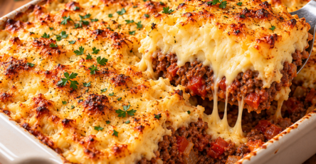 Hachis parmentier familial au bœuf et tomates recouvert d’une purée de pommes de terre crémeuse et de fromage bien gratiné.