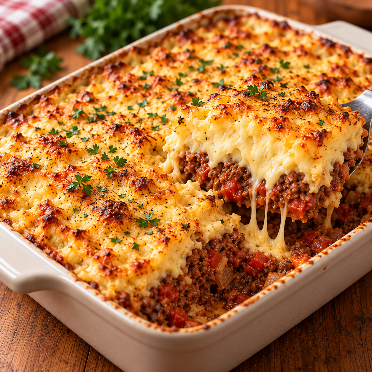 Hachis parmentier familial au bœuf et tomates recouvert d’une purée de pommes de terre crémeuse et de fromage bien gratiné.
