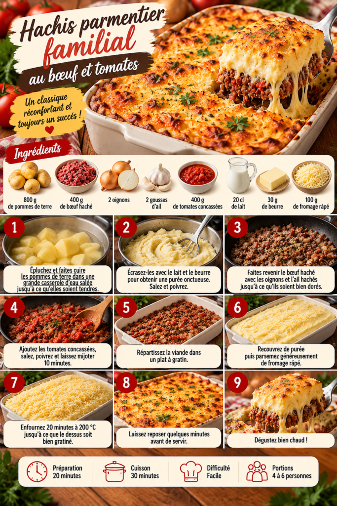 Hachis parmentier familial au bœuf et tomates recouvert d’une purée de pommes de terre crémeuse et de fromage bien gratiné.
