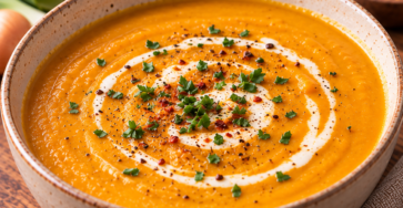 Bol de velouté de butternut et poireaux au curry, crémeux et orangé, servi avec un filet de crème et quelques herbes fraîches.