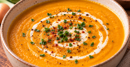 Bol de velouté de butternut et poireaux au curry, crémeux et orangé, servi avec un filet de crème et quelques herbes fraîches.