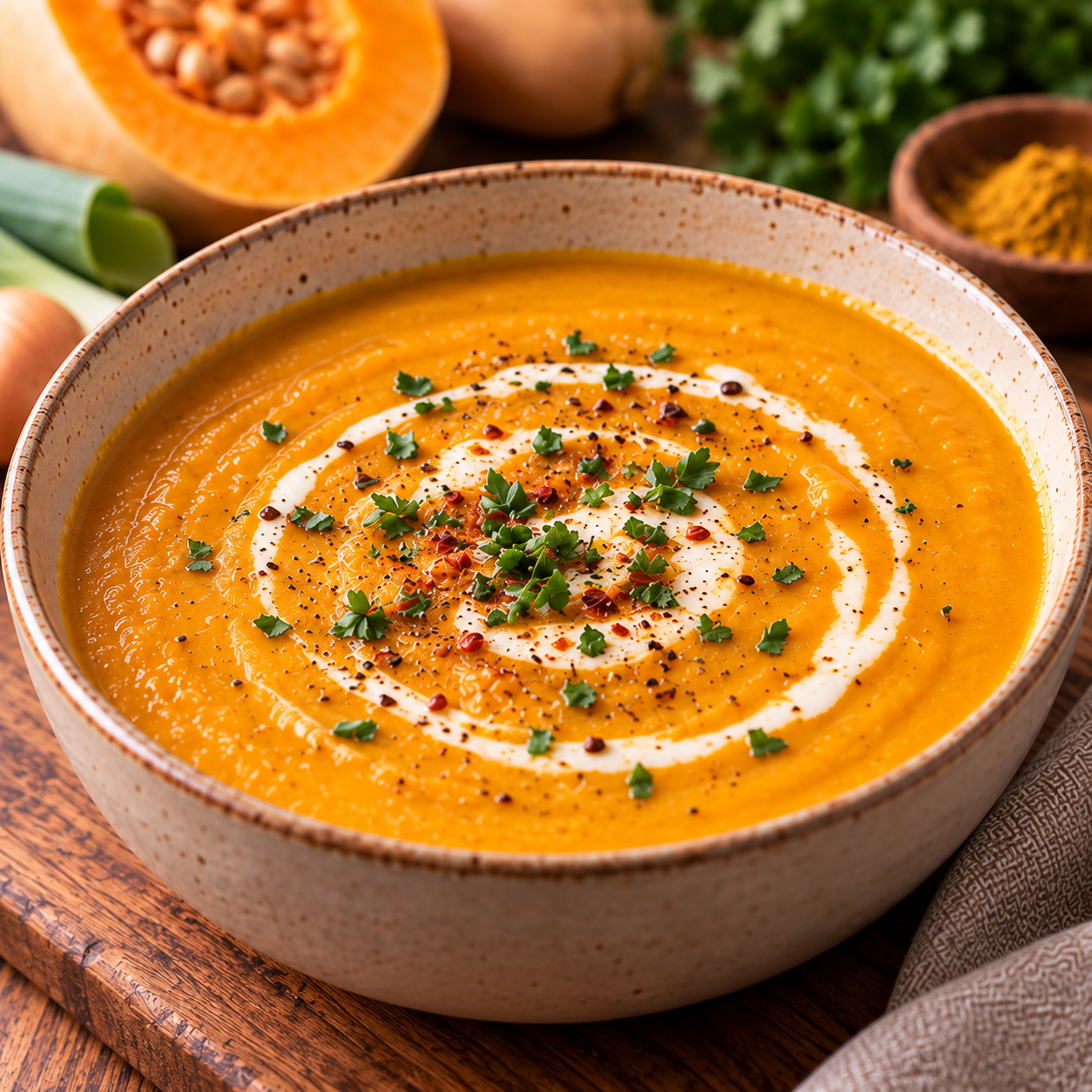 Bol de velouté de butternut et poireaux au curry, crémeux et orangé, servi avec un filet de crème et quelques herbes fraîches.