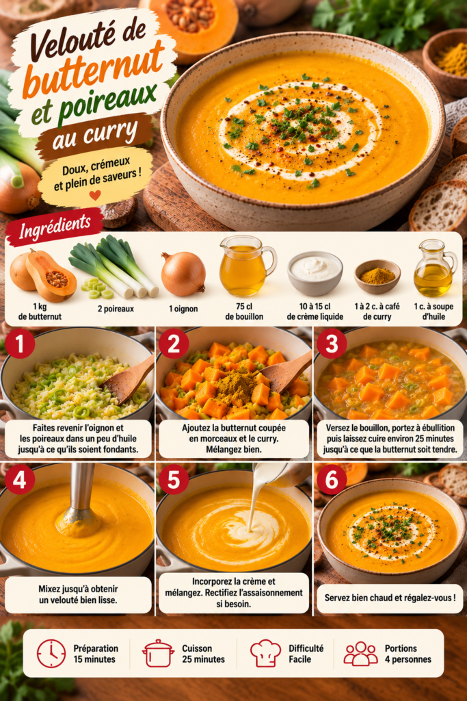 Bol de velouté de butternut et poireaux au curry, crémeux et orangé, servi avec un filet de crème et quelques herbes fraîches.