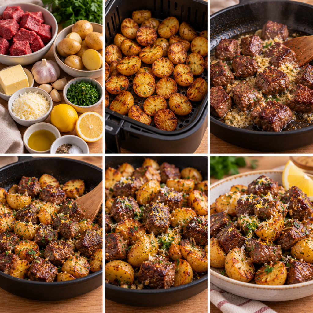 Bouchées de steak dorées au beurre à l’ail avec petites pommes de terre croustillantes, parmesan râpé, persil frais et filet de citron.