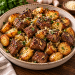 Bouchées de steak dorées au beurre à l’ail avec petites pommes de terre croustillantes, parmesan râpé, persil frais et filet de citron.