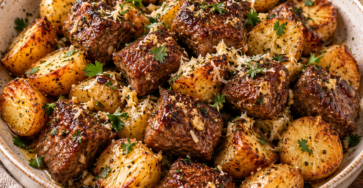Bouchées de steak dorées au beurre à l’ail avec petites pommes de terre croustillantes, parmesan râpé, persil frais et filet de citron.