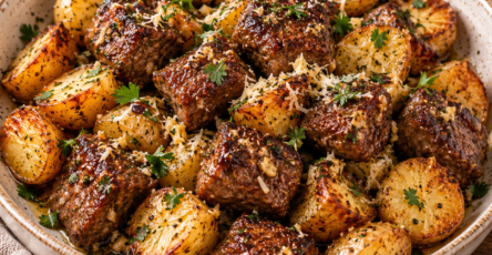 Bouchées de steak dorées au beurre à l’ail avec petites pommes de terre croustillantes, parmesan râpé, persil frais et filet de citron.