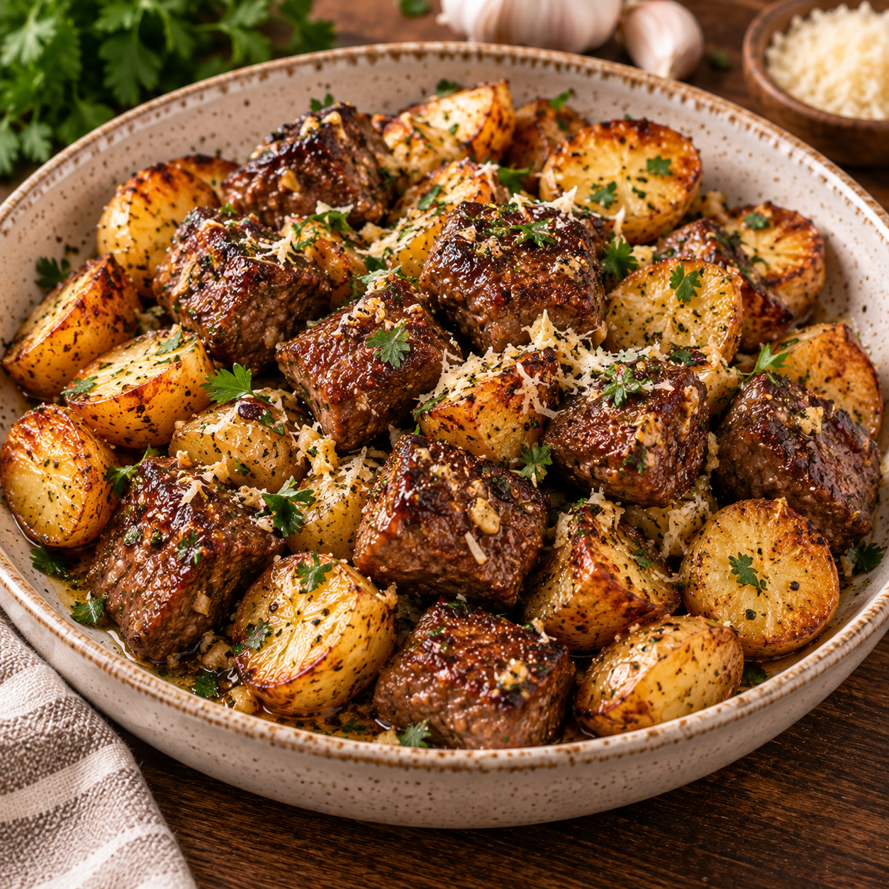 Bouchées de steak dorées au beurre à l’ail avec petites pommes de terre croustillantes, parmesan râpé, persil frais et filet de citron.
