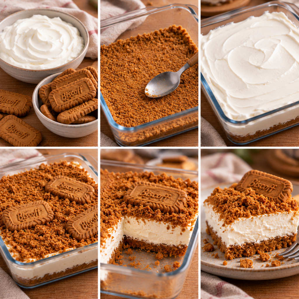 Cheesecake individuel sans cuisson au yaourt grec, avec base de biscuits Biscoff émiettés, miettes croustillantes et biscuit entier sur le dessus.