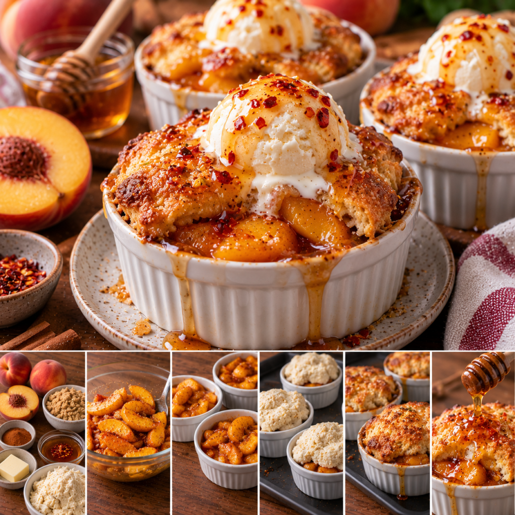 Coupelles cobbler individuelles aux pêches fondantes, recouvertes de pâte à biscuit dorée et croustillante, puis nappées d’un filet de miel pimenté.