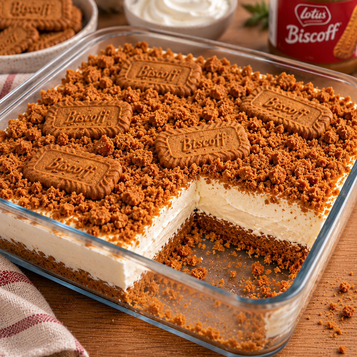 Cheesecake individuel sans cuisson au yaourt grec, avec base de biscuits Biscoff émiettés, miettes croustillantes et biscuit entier sur le dessus.