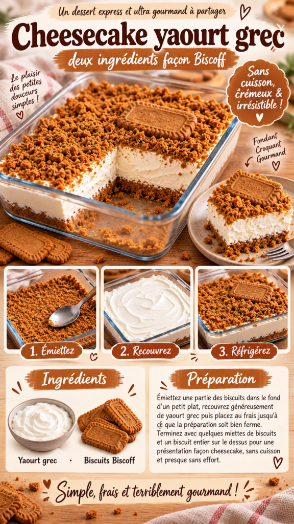 Cheesecake individuel sans cuisson au yaourt grec, avec base de biscuits Biscoff émiettés, miettes croustillantes et biscuit entier sur le dessus.