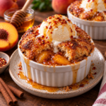 Coupelles cobbler individuelles aux pêches fondantes, recouvertes de pâte à biscuit dorée et croustillante, puis nappées d’un filet de miel pimenté.