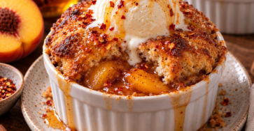 Coupelles cobbler individuelles aux pêches fondantes, recouvertes de pâte à biscuit dorée et croustillante, puis nappées d’un filet de miel pimenté.