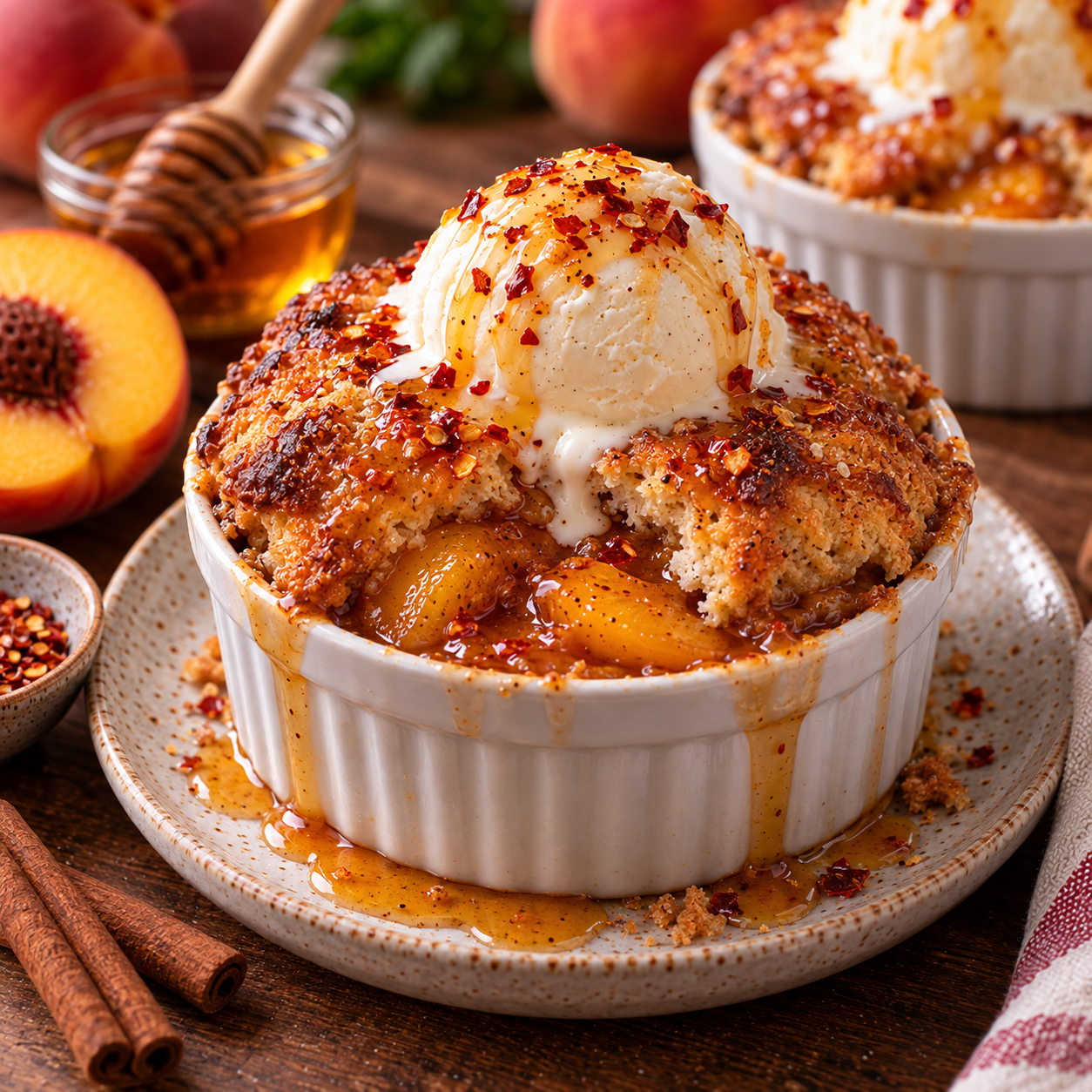 Coupelles cobbler individuelles aux pêches fondantes, recouvertes de pâte à biscuit dorée et croustillante, puis nappées d’un filet de miel pimenté.