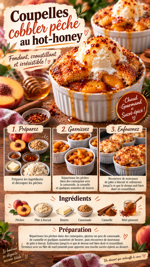 Coupelles cobbler individuelles aux pêches fondantes, recouvertes de pâte à biscuit dorée et croustillante, puis nappées d’un filet de miel pimenté.