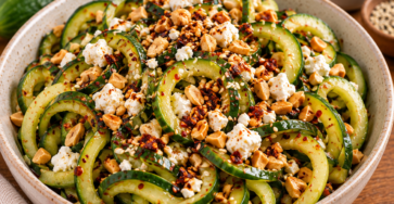 Salade de concombre coupé en spirale, assaisonnée de vinaigre de riz, sauce soja, huile de sésame et huile pimentée, garnie de feta émiettée et de cacahuètes.