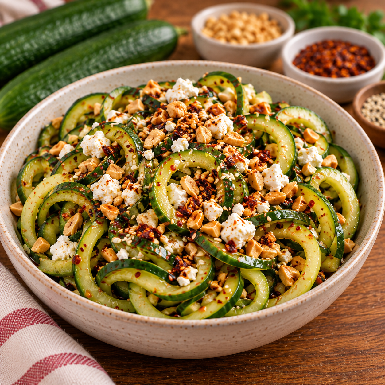 Salade de concombre coupé en spirale, assaisonnée de vinaigre de riz, sauce soja, huile de sésame et huile pimentée, garnie de feta émiettée et de cacahuètes.