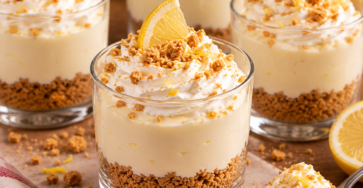 Coupelles individuelles de cheesecake au citron sans cuisson, composées de biscuits écrasés et d’une crème citronnée onctueuse, servies bien fraîches.