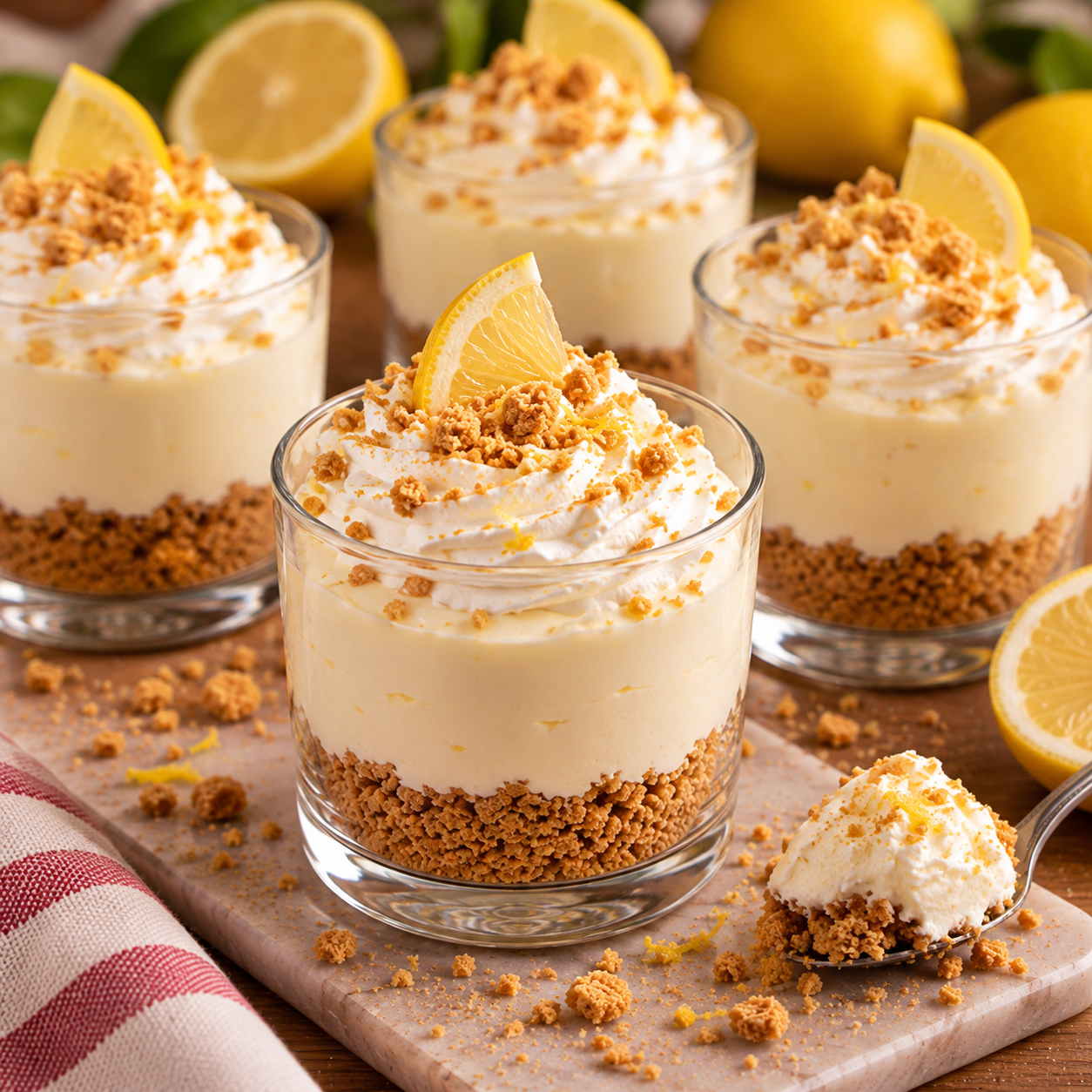 Coupelles individuelles de cheesecake au citron sans cuisson, composées de biscuits écrasés et d’une crème citronnée onctueuse, servies bien fraîches.