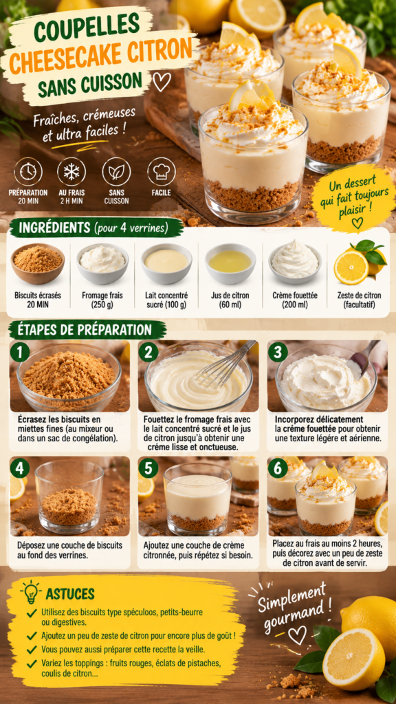 Coupelles individuelles de cheesecake au citron sans cuisson, composées de biscuits écrasés et d’une crème citronnée onctueuse, servies bien fraîches.