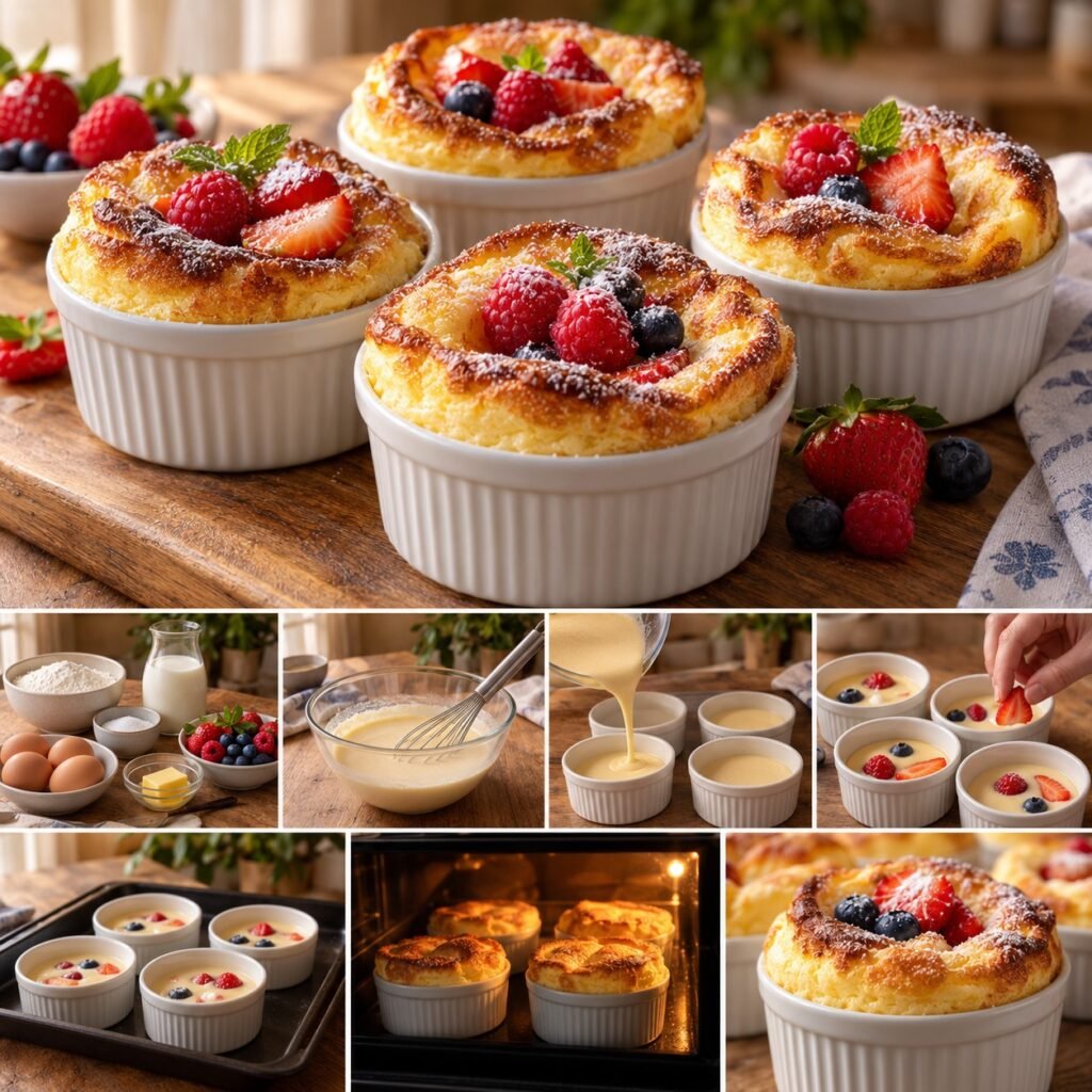 Crêpes soufflées au four aux framboises fraîches, dorées et gonflées, servies dans de petits moules individuels à la sortie du four.