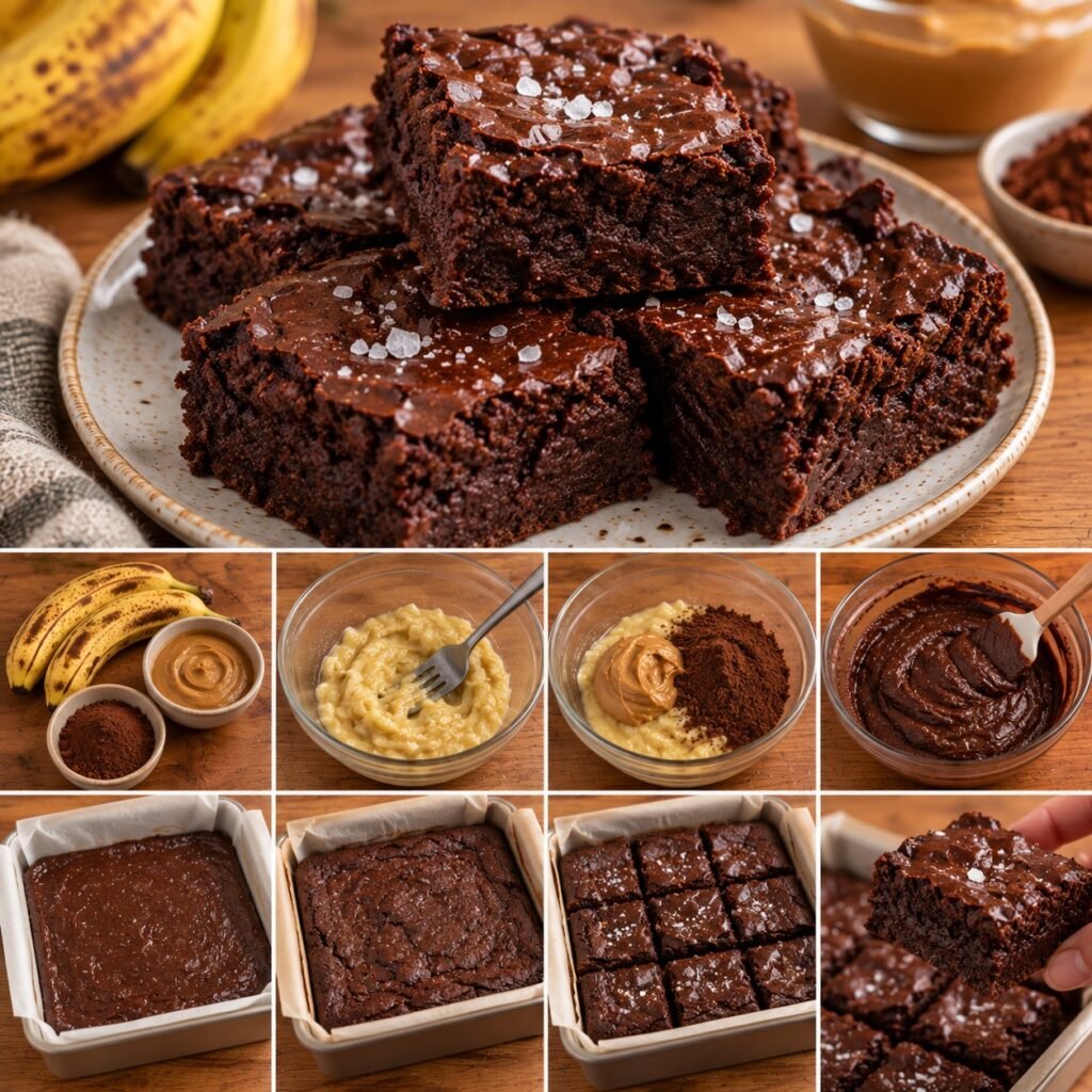 Brownie fondant sans farine découpé en carrés, préparé avec bananes mûres, beurre de cacahuète et cacao, avec une pincée de fleur de sel.
