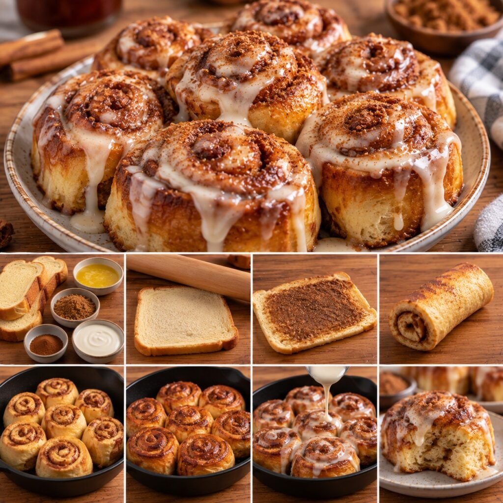 Cinnamon rolls express préparés avec des tranches de brioche roulées au beurre, sucre roux et cannelle, dorées puis recouvertes de glaçage crémeux.