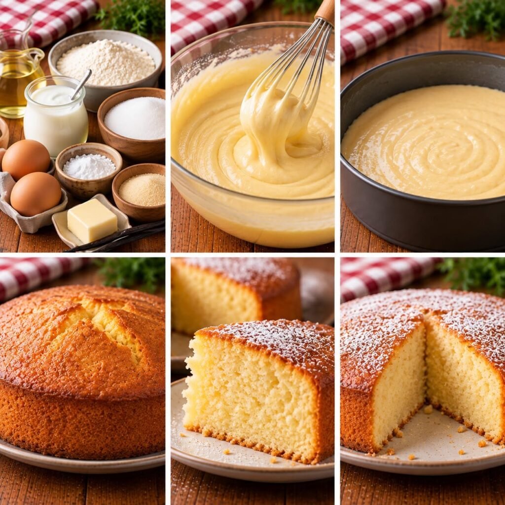 Gâteau au yaourt nature et vanillé, moelleux et doré, coupé en parts sur une assiette avec une mie légère et régulière.