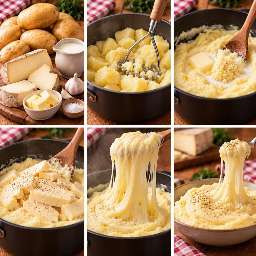 Aligot traditionnel très filant à base de pommes de terre, tome fraîche, crème, beurre et ail, servi chaud dans un plat rustique.