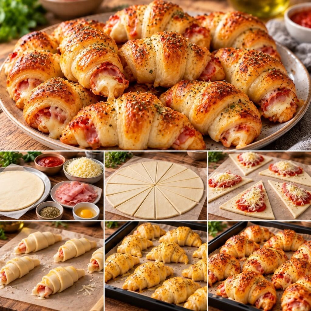 Mini-croissants feuilletés façon pizza garnis de jambon, mozzarella fondante, sauce tomate et origan, dorés au four.