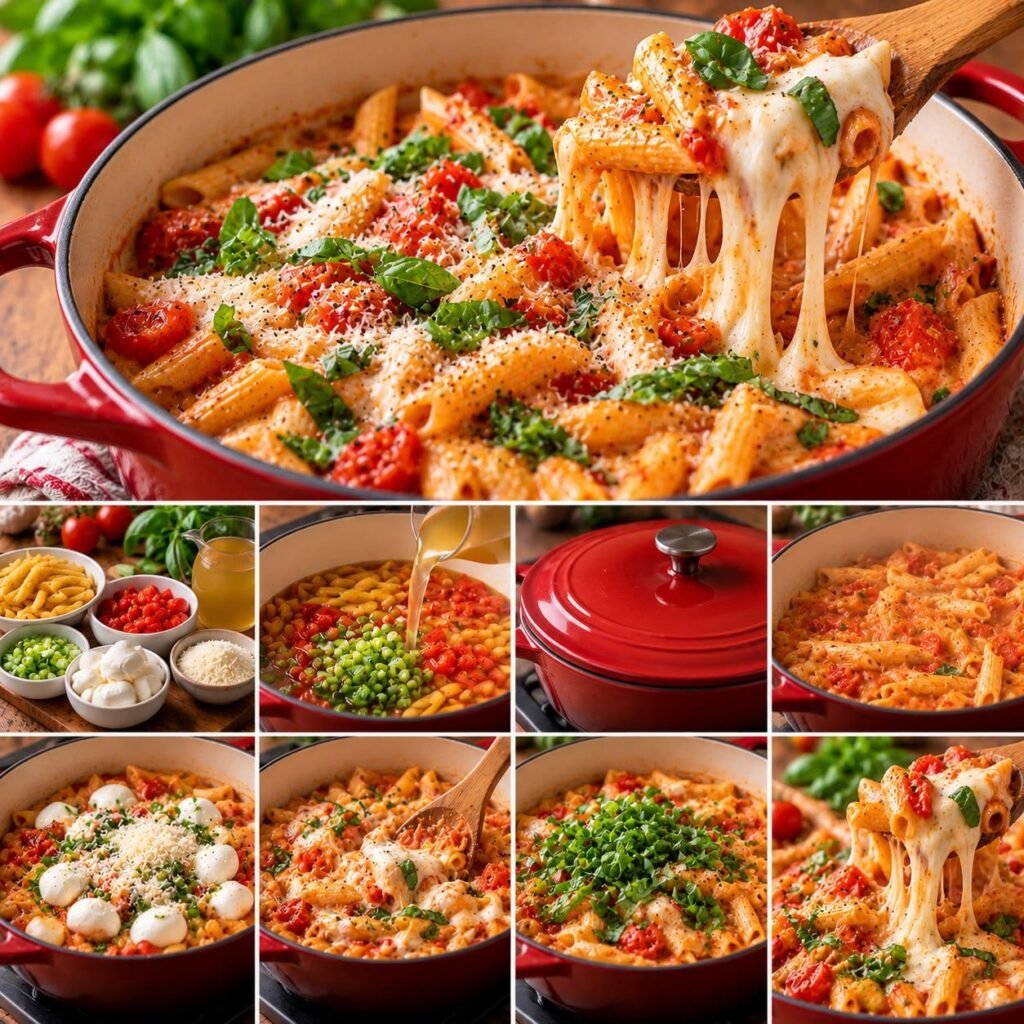 One-pot de penne à la tomate, mozzarella fondante, parmesan et basilic frais, servi chaud dans une cocotte.