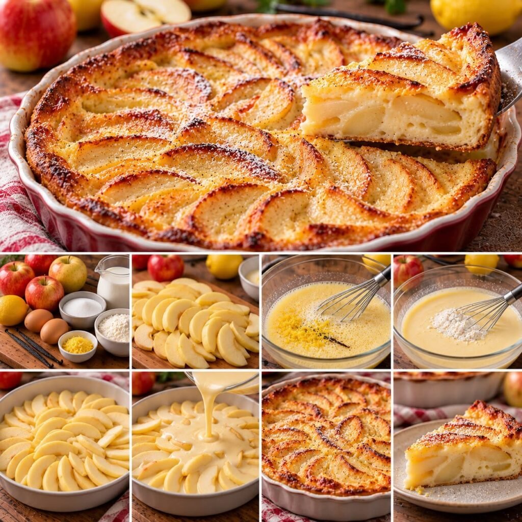 Clafoutis fondant aux pommes doré au four, parfumé à la vanille et au zeste de citron, servi en parts dans un plat familial.