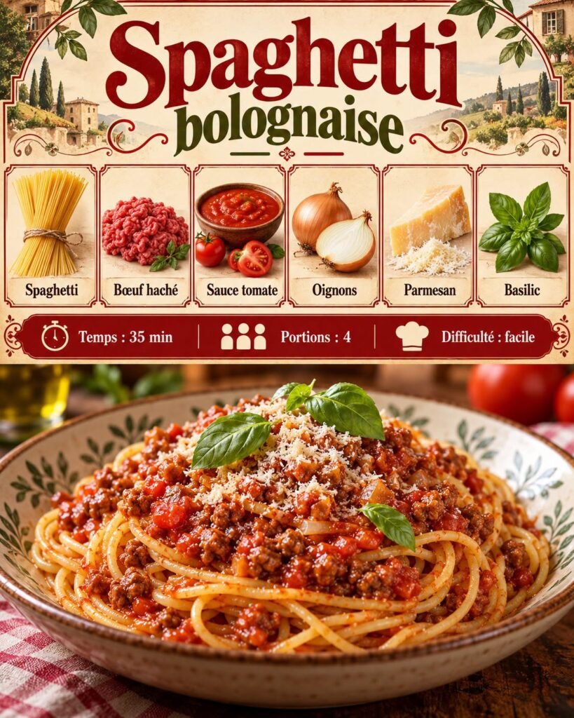 Assiette de spaghetti bolognaise avec sauce tomate au bœuf haché, parmesan râpé et feuilles de basilic frais.