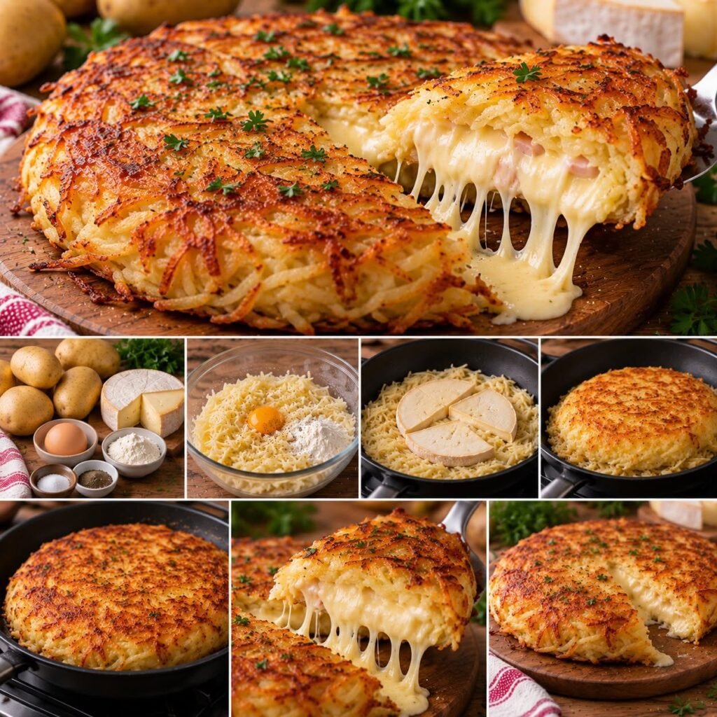 Galette de pommes de terre râpées bien dorée à la poêle, coupée pour révéler un cœur généreux de reblochon fondu.