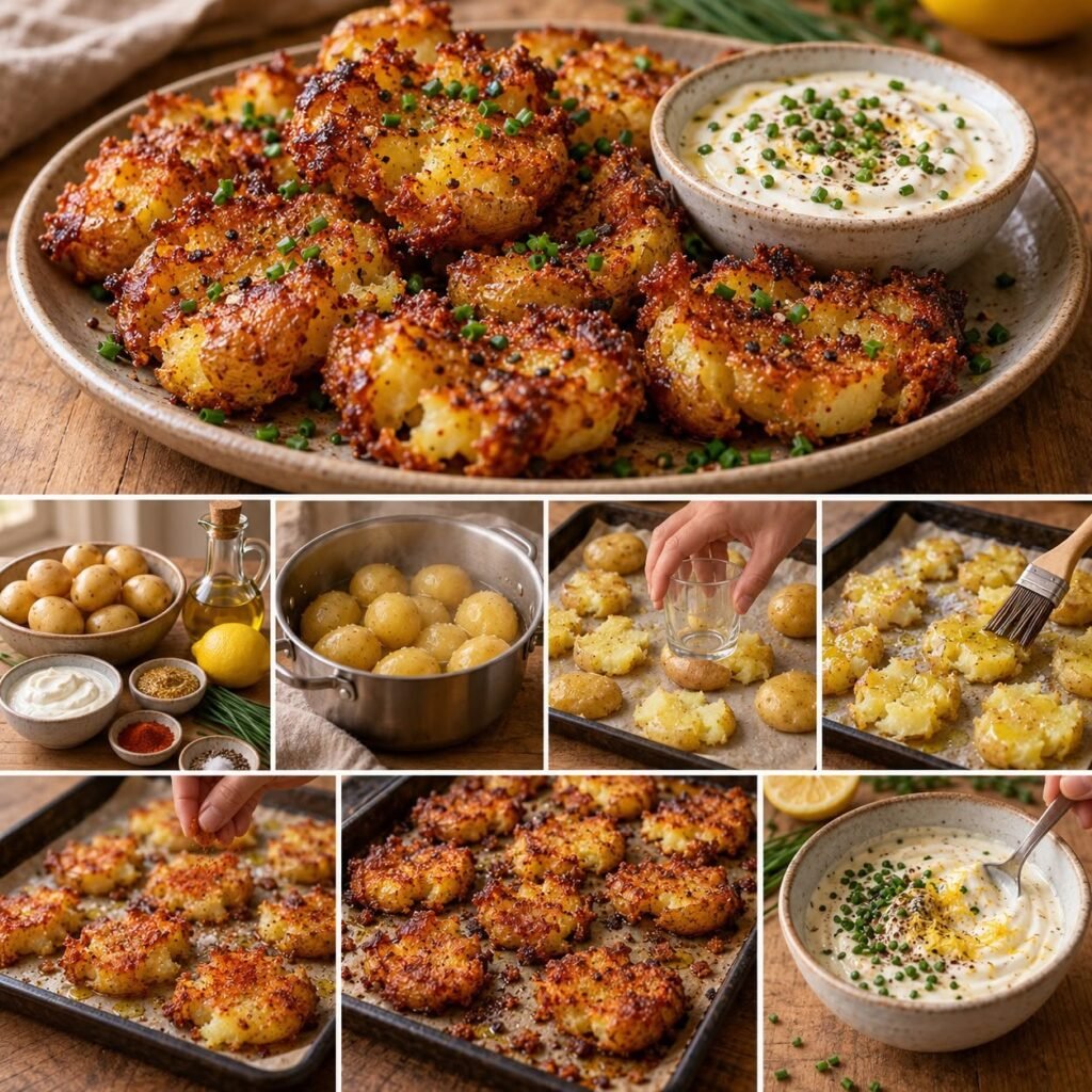 Pommes de terre grenaille écrasées et croustillantes au four, dorées à l’huile d’olive et au paprika fumé, accompagnées d’une sauce crémeuse au yaourt grec, citron, moutarde et ciboulette fraîche.