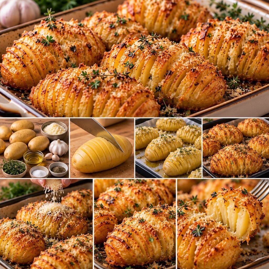Pommes de terre à la suédoise dorées au four, garnies de parmesan, d’ail et de thym, avec des tranches fines et croustillantes.