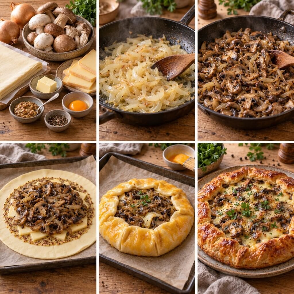 Tarte rustique maison aux champignons dorés, oignons fondants et fromage à raclette fondu, sur une pâte feuilletée croustillante aux bords repliés et dorés, parsemée de persil frais.