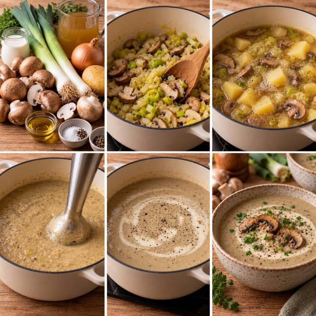 Bol de soupe crémeuse aux champignons et poireaux, lisse et onctueuse, servie bien chaude avec quelques herbes fraîches.