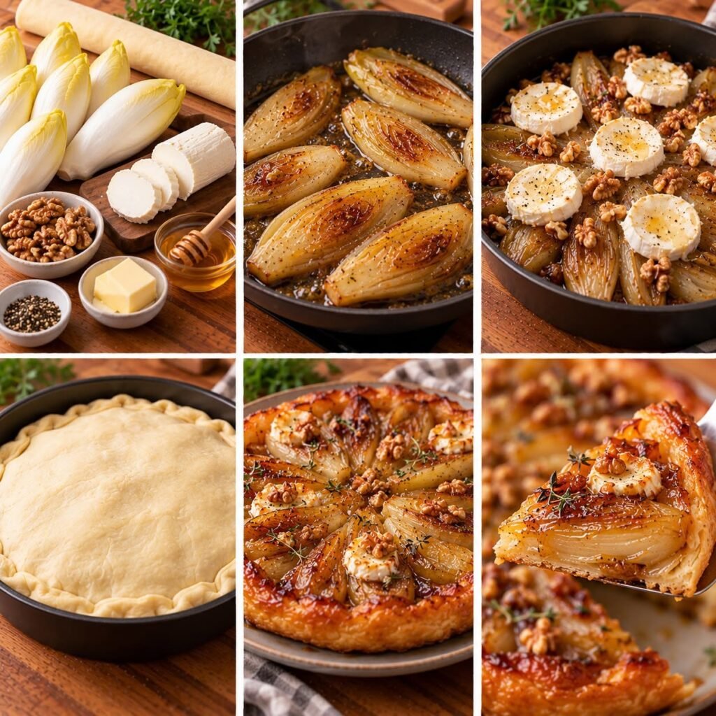Tatin salée aux endives caramélisées, fromage de chèvre fondant, miel et noix croquantes, sur une pâte feuilletée dorée et croustillante, servie dans un plat rustique.