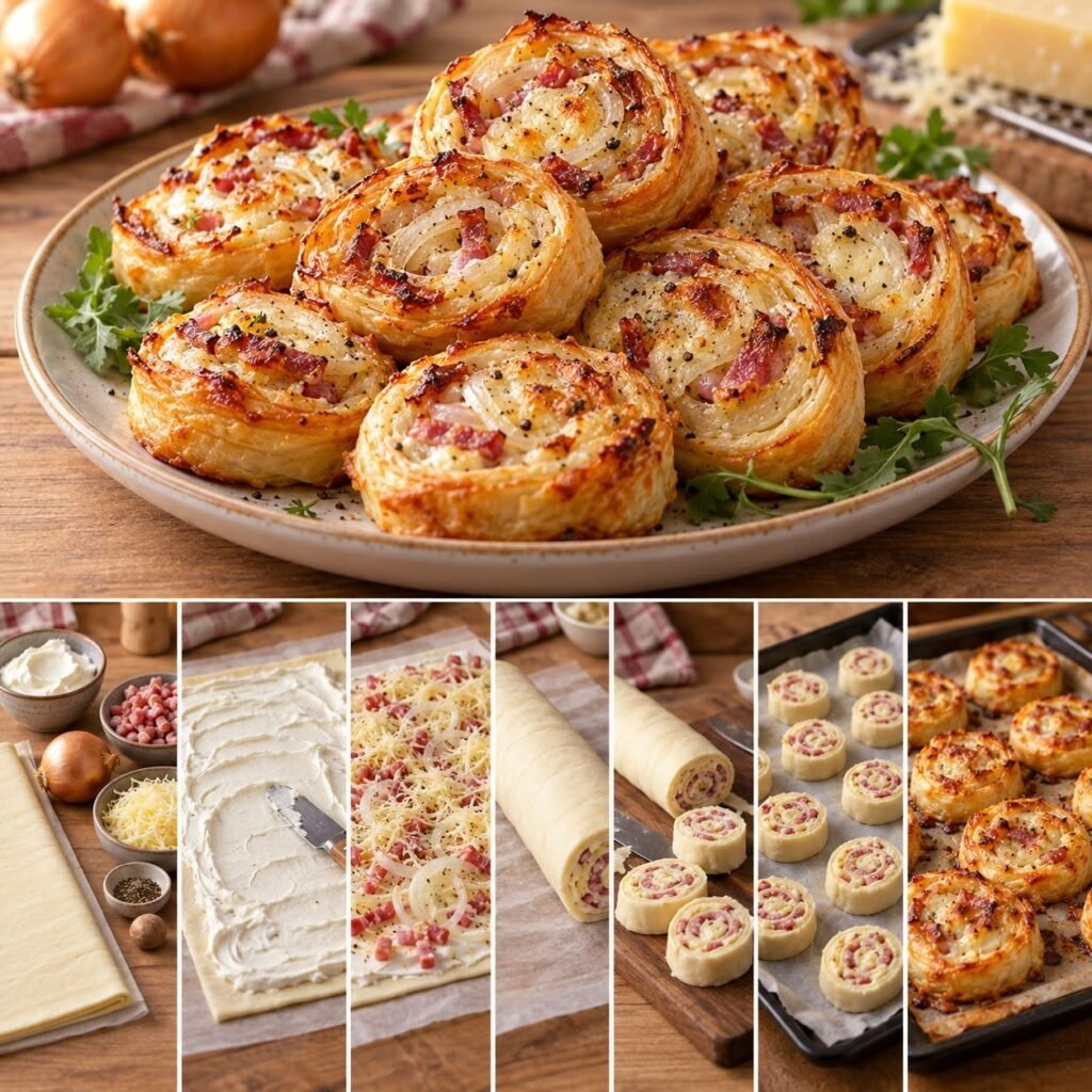 Roulés de tarte flambée en pâte feuilletée, dorés et croustillants, garnis de lardons, d’oignons émincés et de gruyère fondu, disposés sur un plateau pour l’apéritif.
