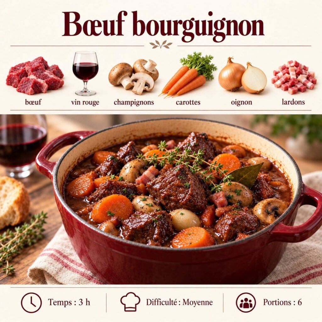 Bœuf bourguignon mijoté en cocotte avec carottes, champignons, lardons et sauce au vin rouge épaisse et brillante.
