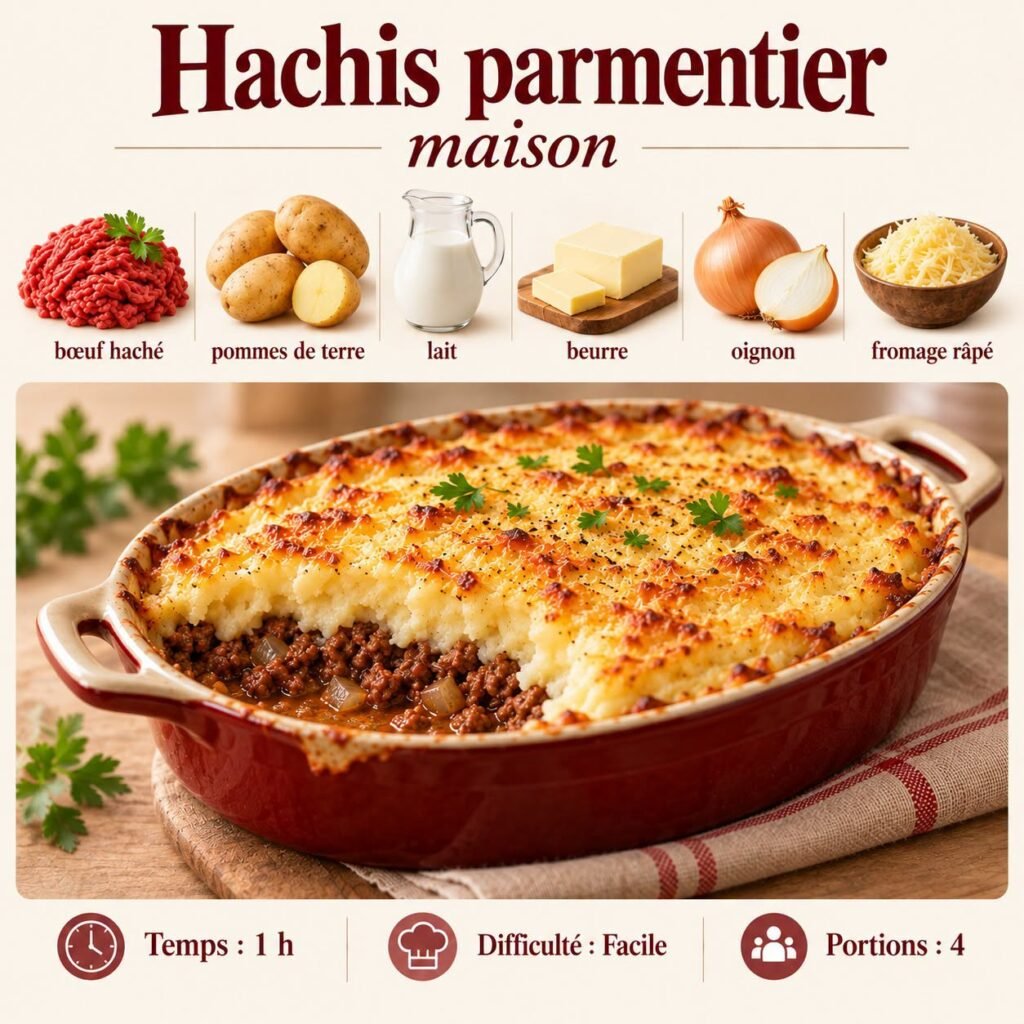 Hachis parmentier maison gratiné, avec couche de bœuf haché, purée de pommes de terre crémeuse et fromage doré.