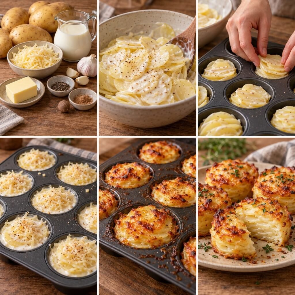 Mini-gratins dauphinois individuels dorés dans des moules à muffins, avec fines couches de pommes de terre, crème et gruyère fondu.