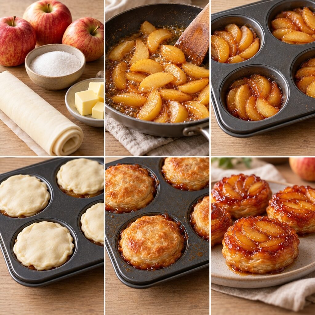 Mini-tatins aux pommes individuelles, avec pommes fondantes et caramélisées sur une pâte feuilletée dorée et croustillante.