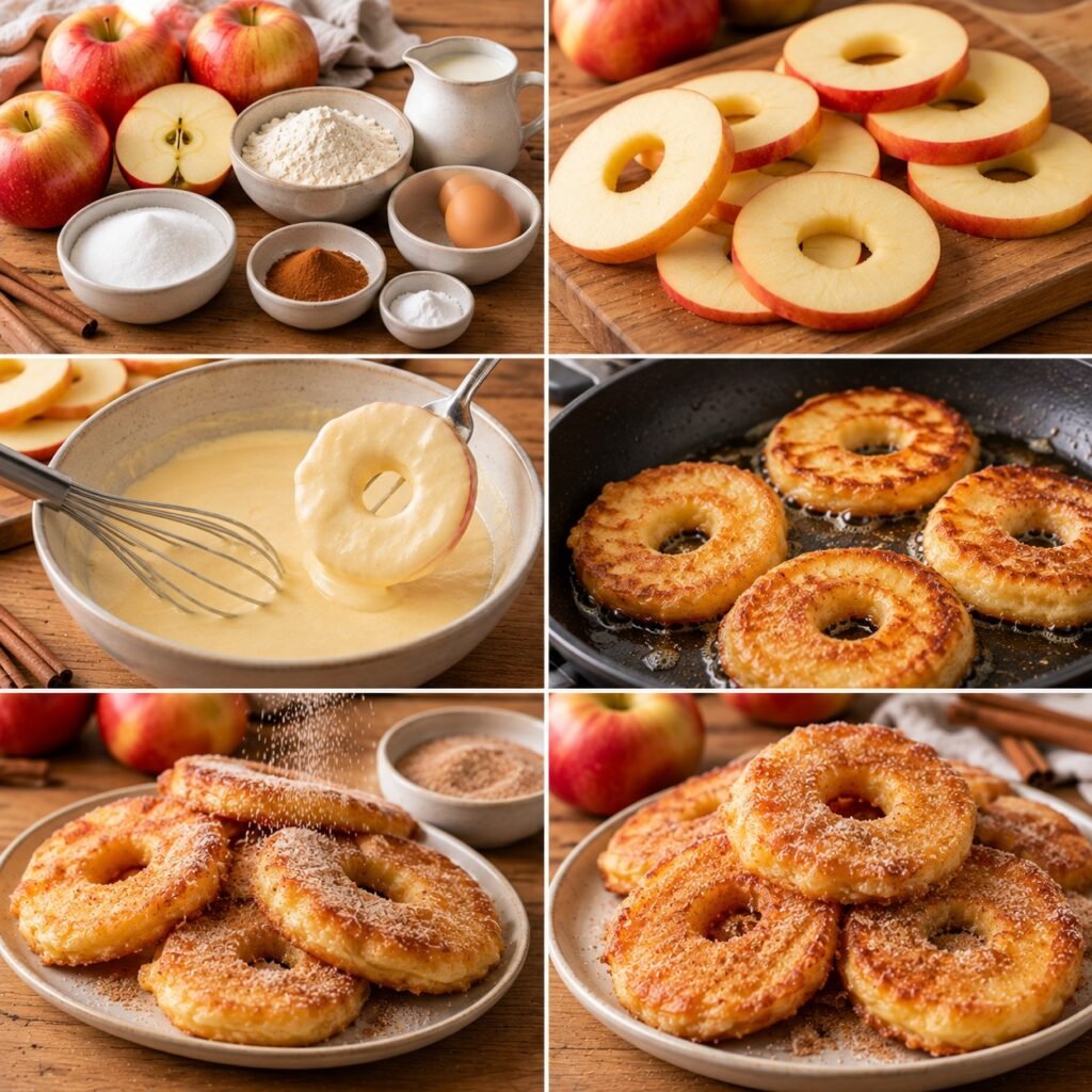 Beignets de pommes dorés à la poêle, saupoudrés de sucre glace et de cannelle, avec cœur fondant et pâte moelleuse.